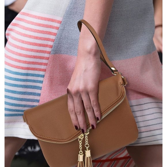 Purse Double Tassel Zippers Lightweight Flapover Handbag with Wristlet Strap CA - Picture 3 of 7